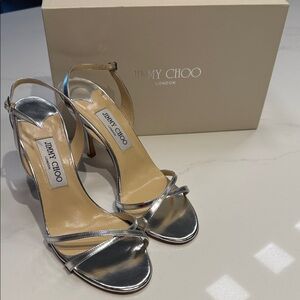 Jimmy Choo Mirror Leather Silver Slingback Sandals